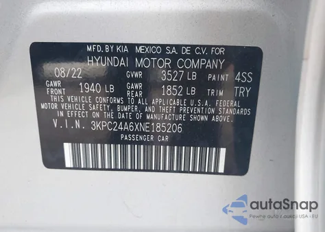 2022 Hyundai Accent Se из США, поврежденный, VIN 3KPC24A6XNE185206